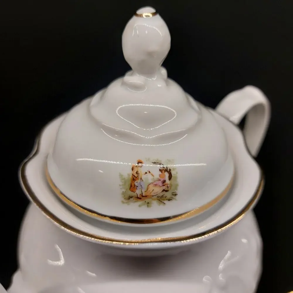 Vtg Walbrzych Poland Porcelain Tea Set Teapot Creamer Sugar Bowl Gold Rose 1983